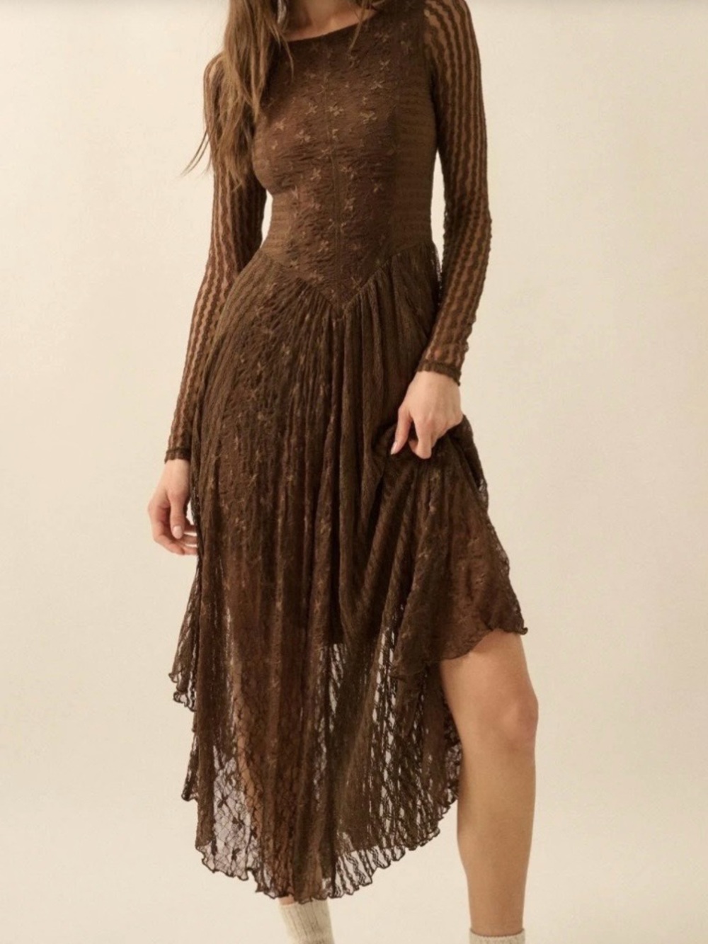 Promesa Boutique Brown Long-Sleeve Lace Midi Dress